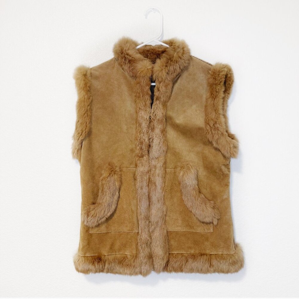 Trés Jolie Suede, Fur and Wool Blend Vest in Tan Large